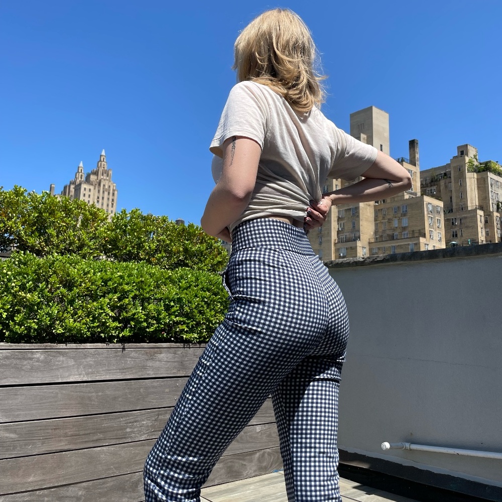 Blue high-waisted checkered pants
